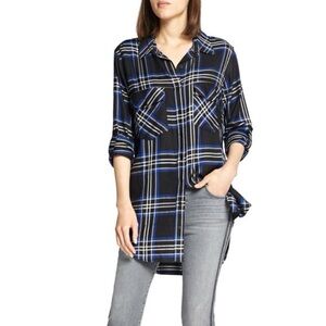 SANCTUARY Women MEDIUM Relaxed Blue Black Plaid BOYFRIEND TUNIC Shirt Evereve